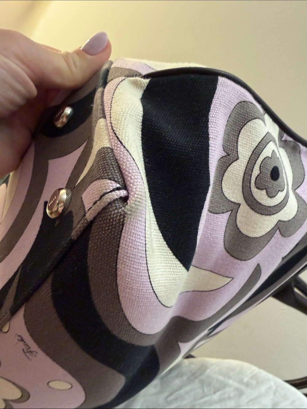 Vintage Emilio Pucci purple black gray and white canvas and leather tote handbag - Picture 5 of 15